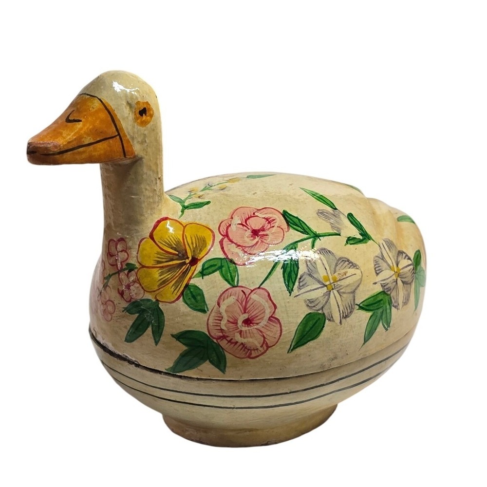 Vintage Hand Painted Papier Mache Duck Trinket Box Floral Folk Art Cream Yellow